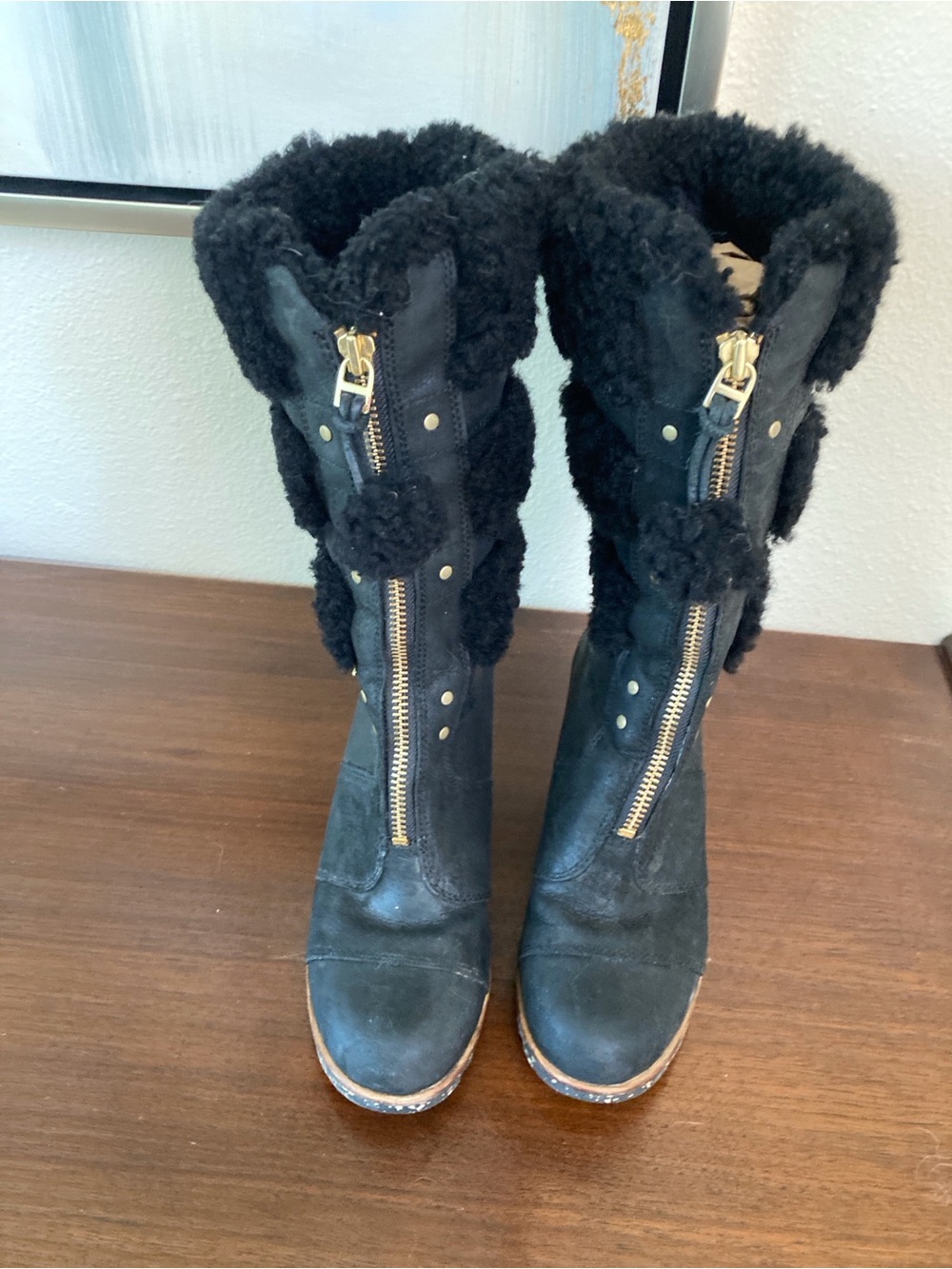 Sorel Black Shearling-Trim Mid-Calf Heeled Boots with Gold Zipper